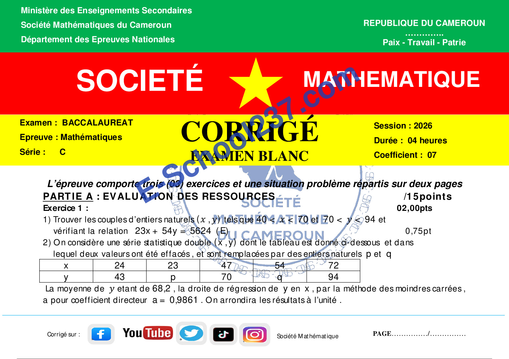Prop CORRIGÉ  et  SUJET BACC C Mai 2026  STE MATHEMATIQUES DU CAMEROUN maths